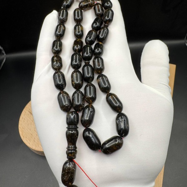 Dark Baltic Amber Misbaha, Polished Oval Prayer Beads