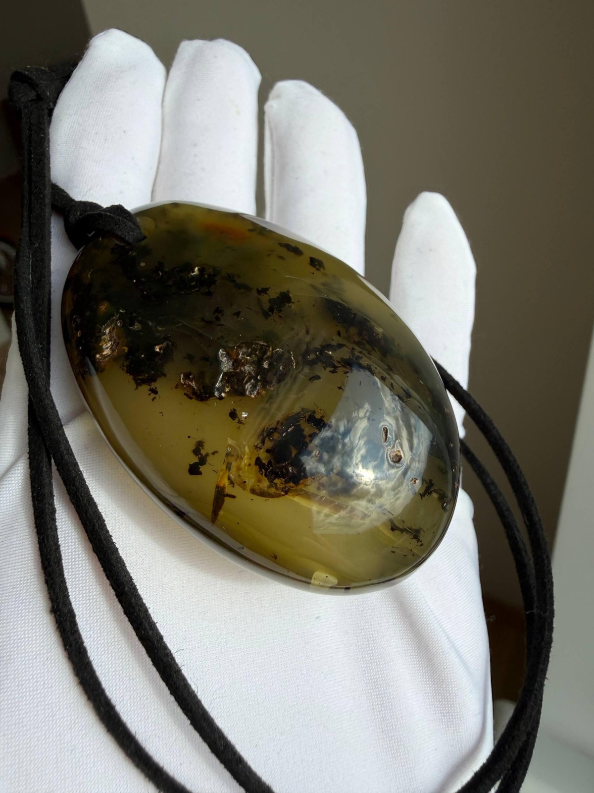 Large Green Baltic Amber Pendant, Olive and Honey, 43g