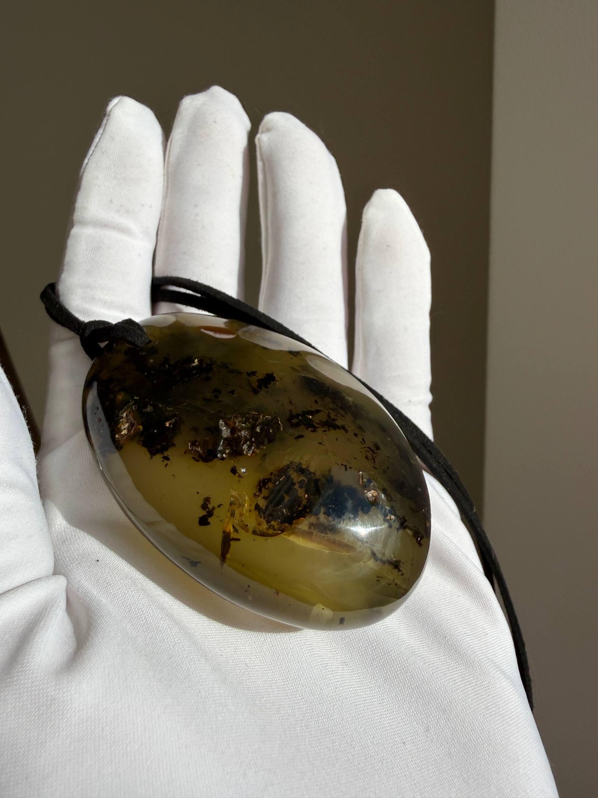 Large Green Baltic Amber Pendant, Olive and Honey, 43g