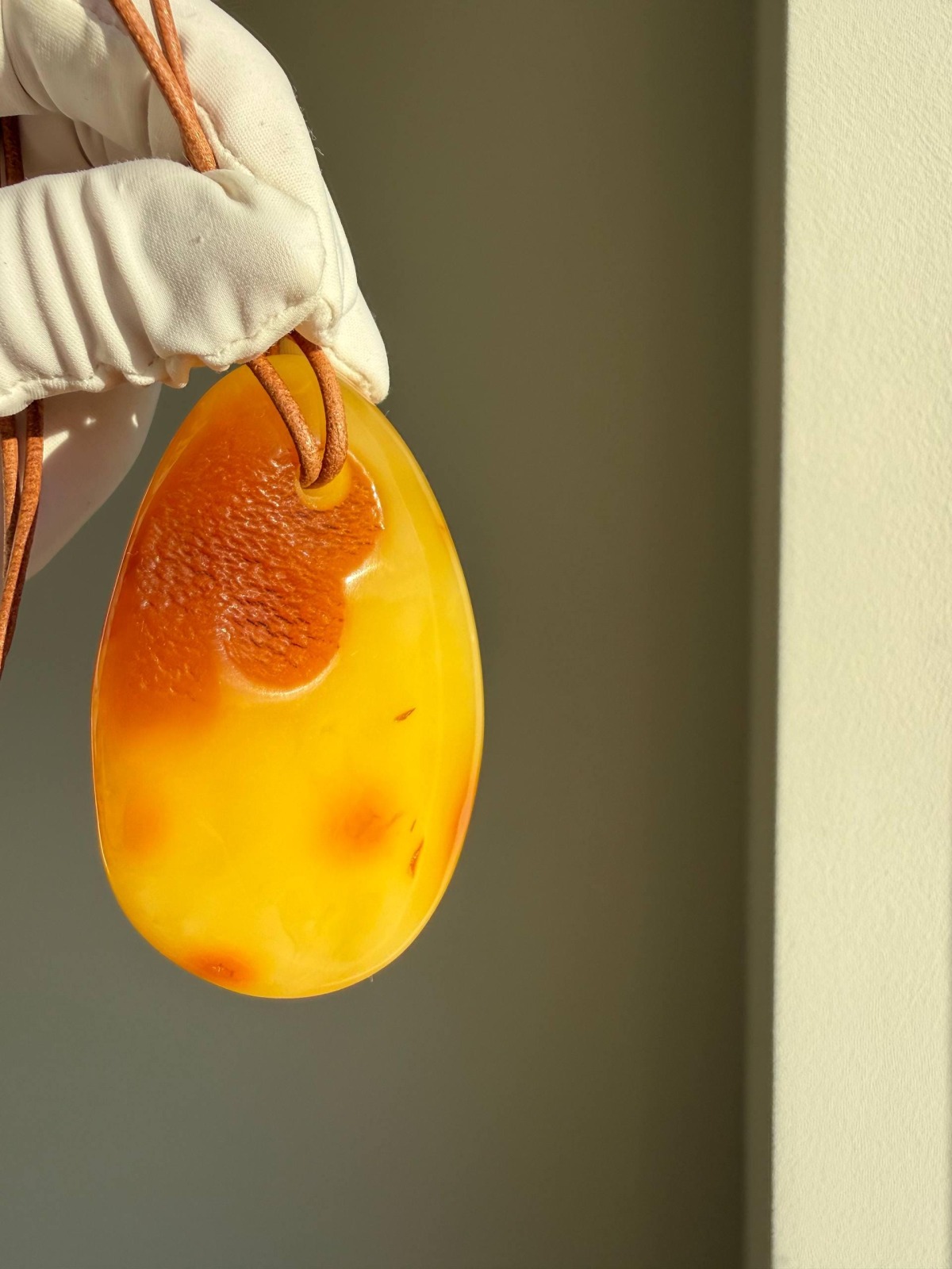 Large Egg Yolk Baltic Amber Pendant on Leather Cord, 41g
