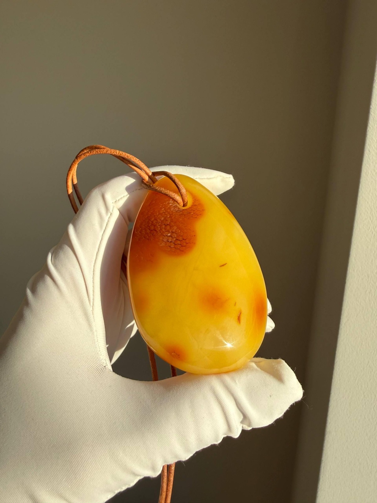 Large Egg Yolk Baltic Amber Pendant on Leather Cord, 41g