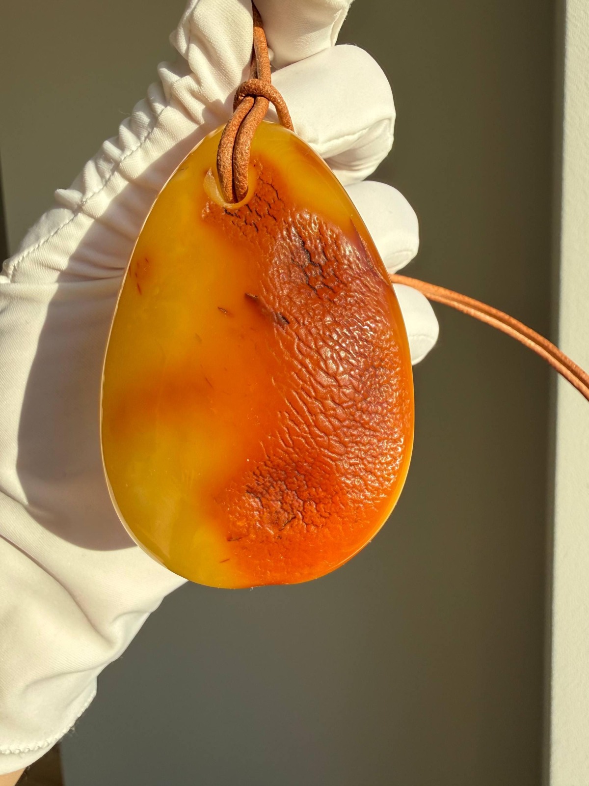 Large Egg Yolk Baltic Amber Pendant on Leather Cord, 41g