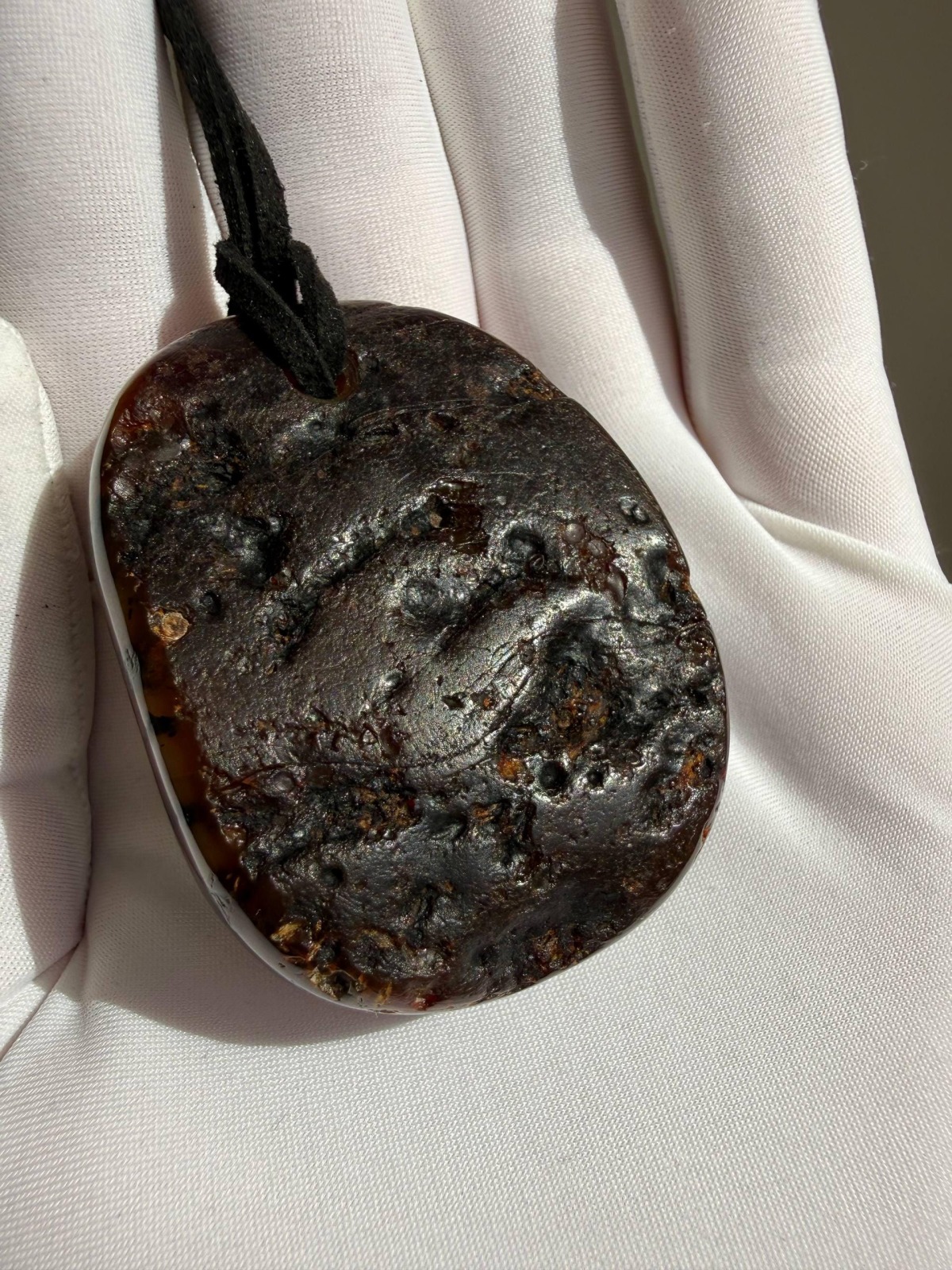 Large Honey Cognac Baltic Amber Pendant on Leather Cord, 34g
