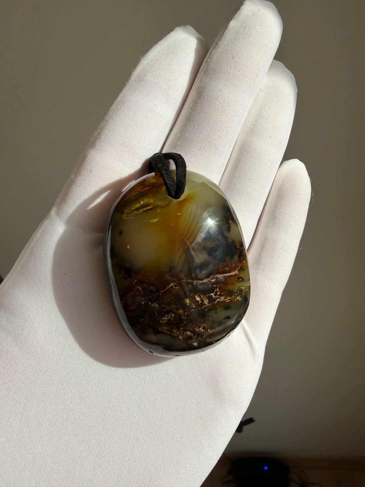 Large Honey Cognac Baltic Amber Pendant on Leather Cord, 34g