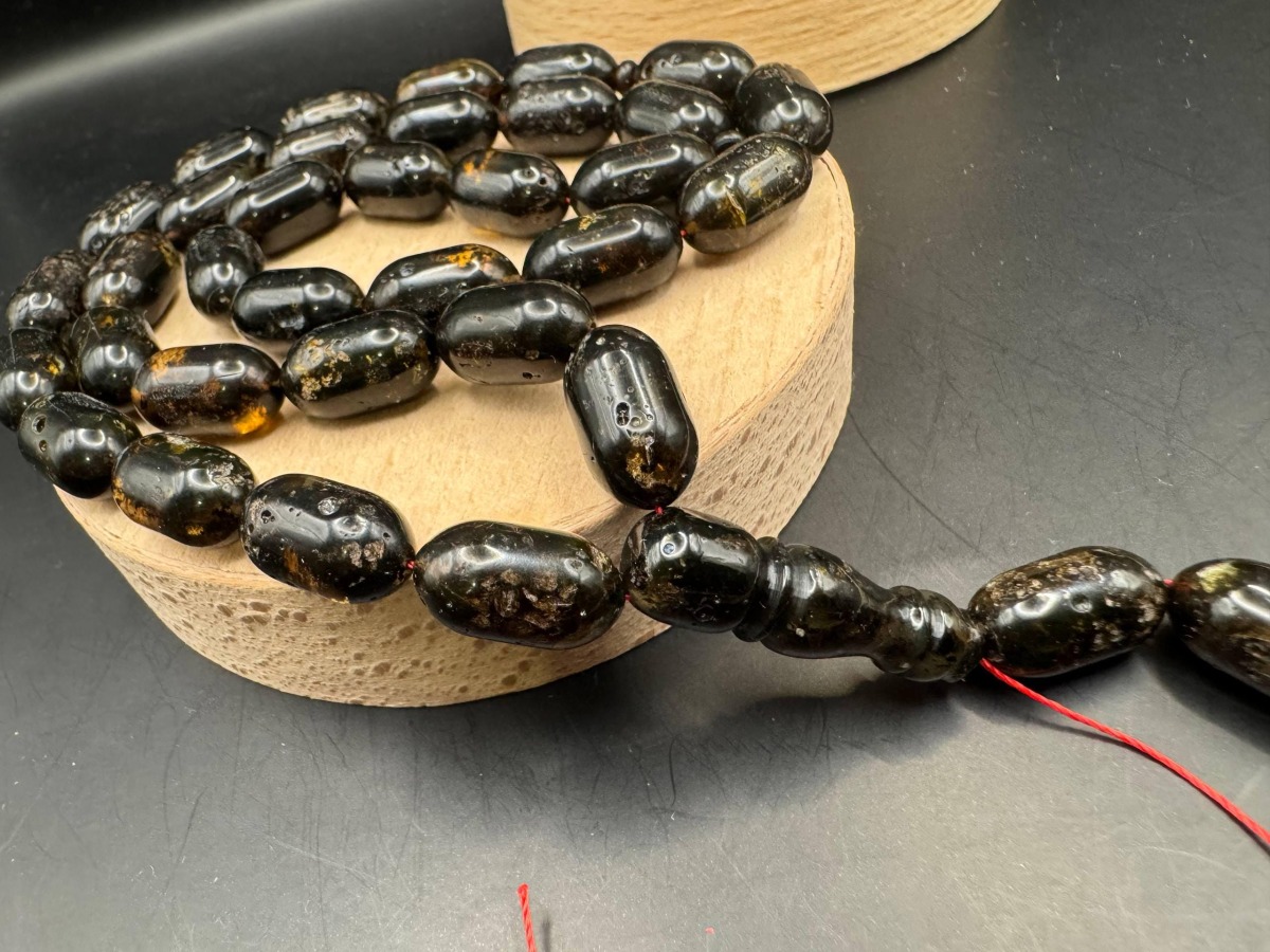 Dark Baltic Amber Misbaha, Polished Oval Prayer Beads