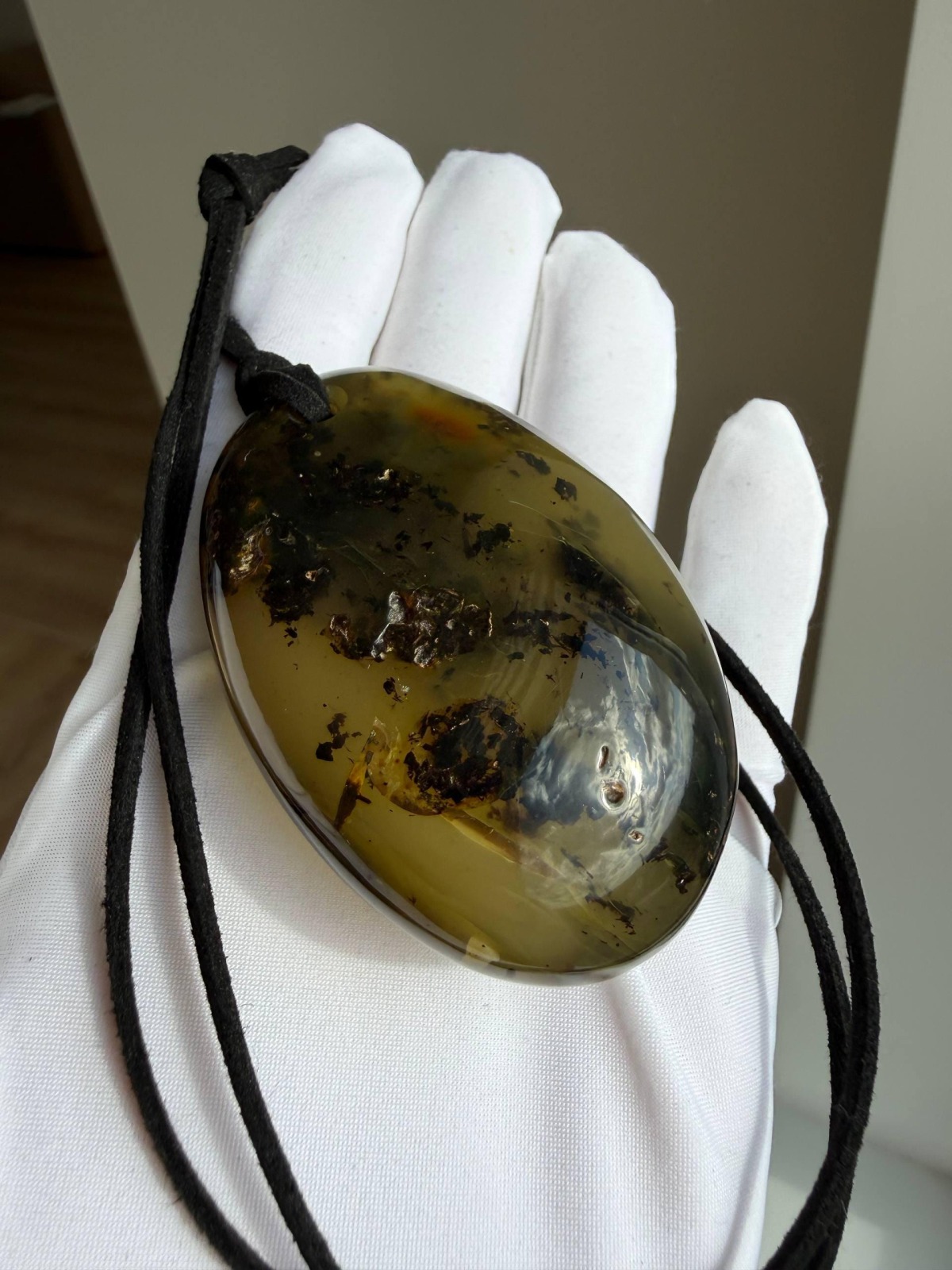 Large Green Baltic Amber Pendant, Olive and Honey, 43g