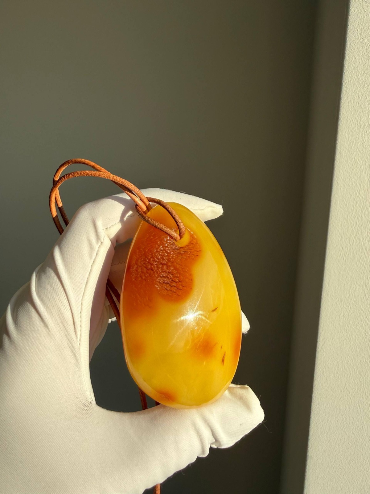 Large Egg Yolk Baltic Amber Pendant on Leather Cord, 41g