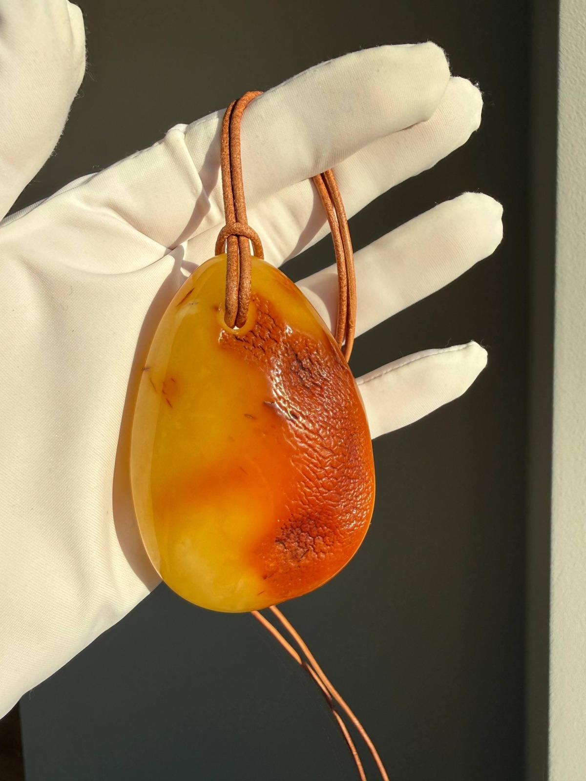 Large Egg Yolk Baltic Amber Pendant on Leather Cord, 41g