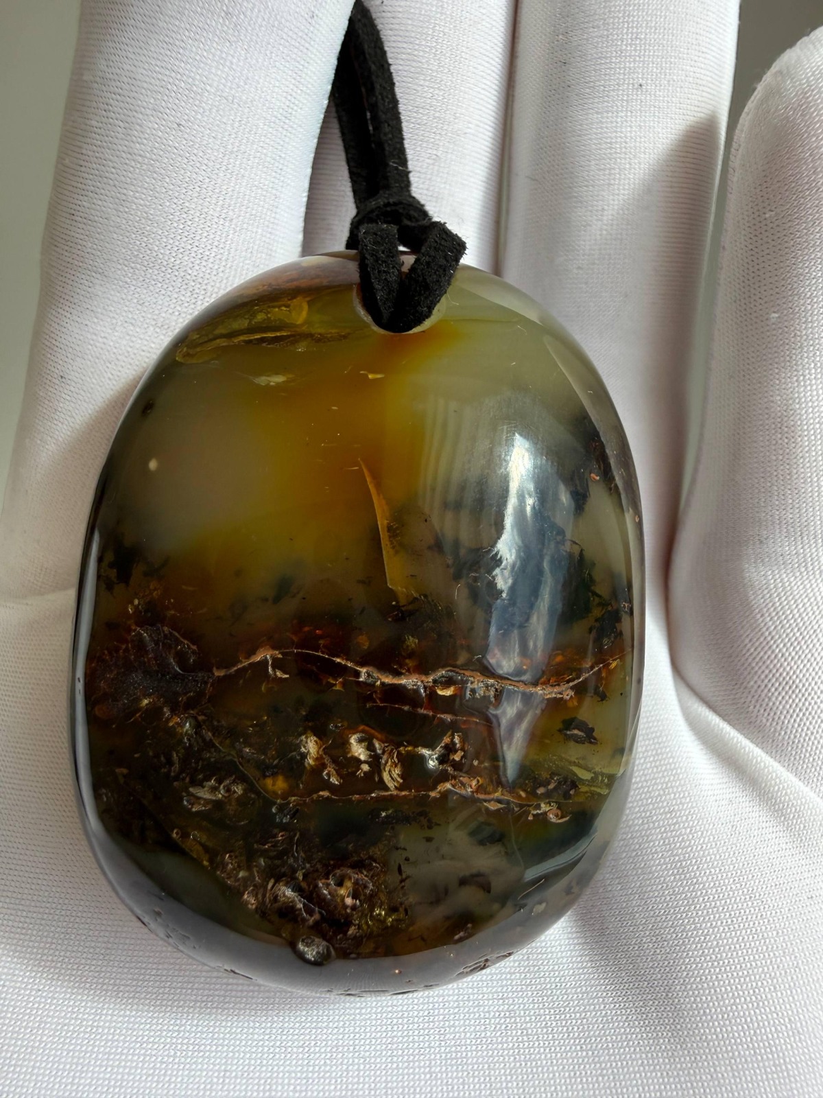 Large Honey Cognac Baltic Amber Pendant on Leather Cord, 34g